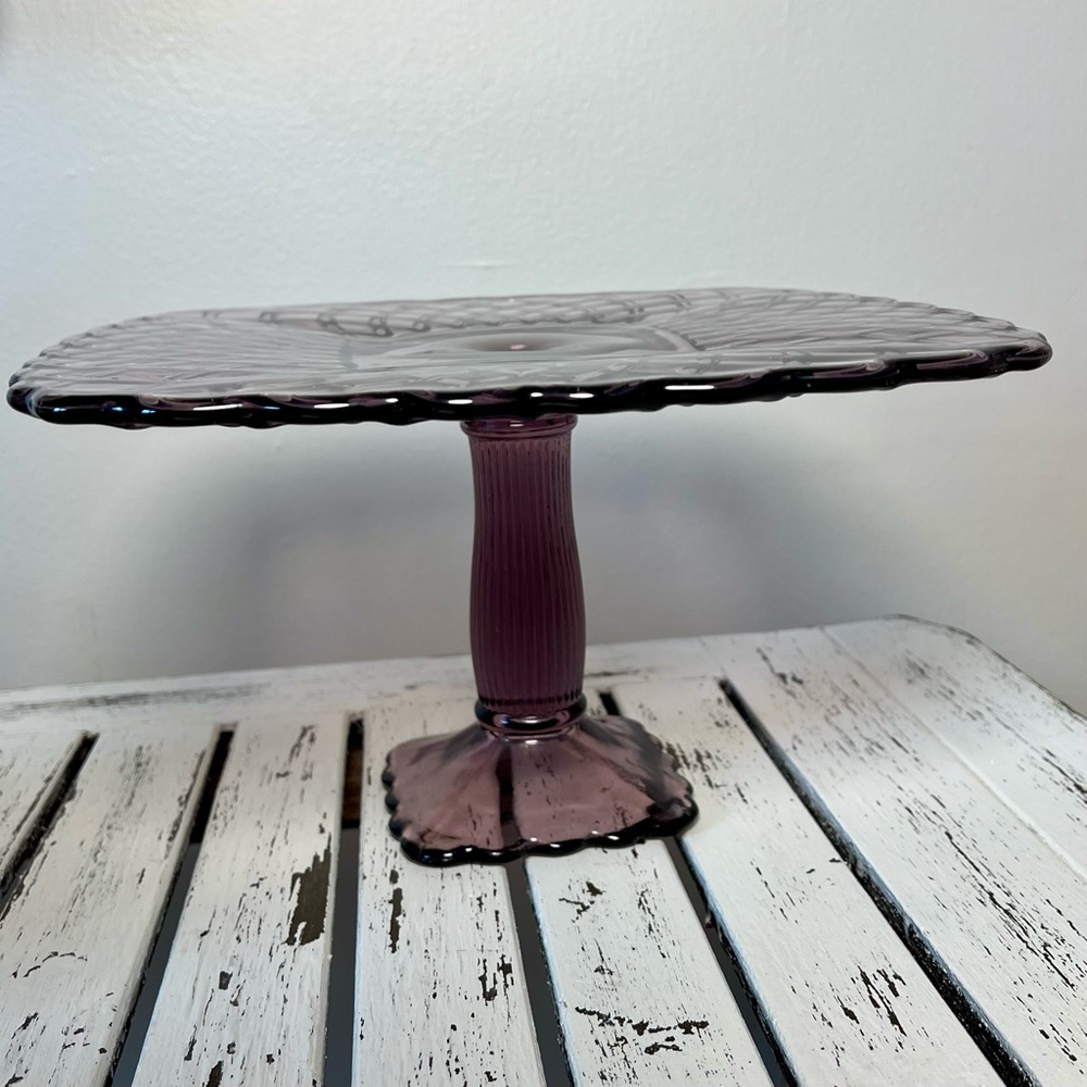 Vintage LE Smith Trellis Lavender Purple Square Pedestal Cake Plate Stand - Picture 13 of 15
